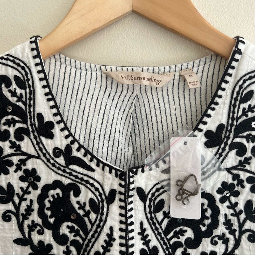 Soft Surroundings White Cropped Jacket with Black Embroidery - Picture 3 of 16